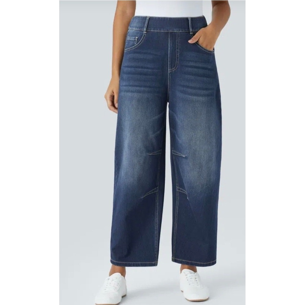 Halara Barrel Leg Dark Wash Denim Pull On Pants High Rise Blue Stretch Med/Large